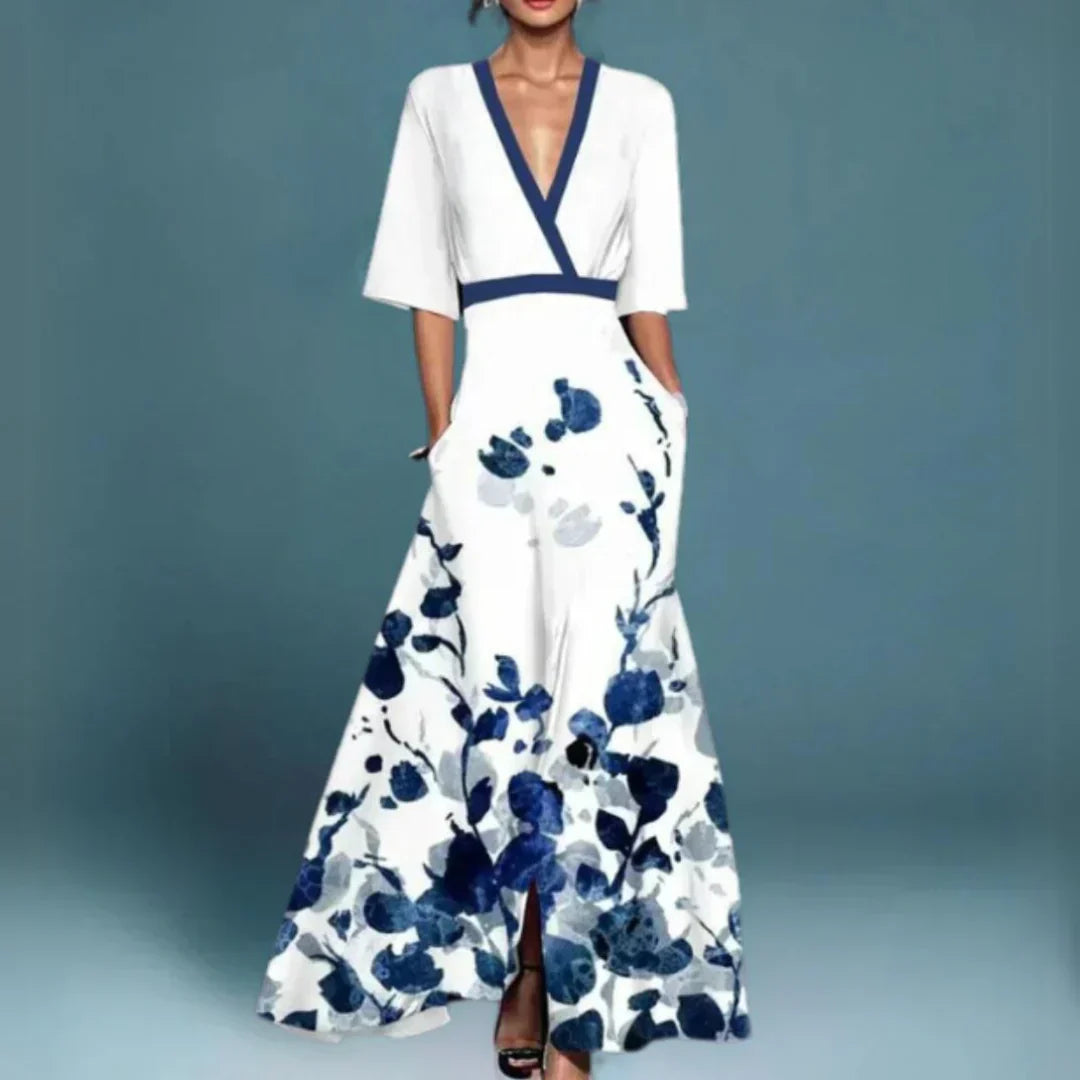 Ruby | Vestido Maxi Floral con Cinturón y Escote en V