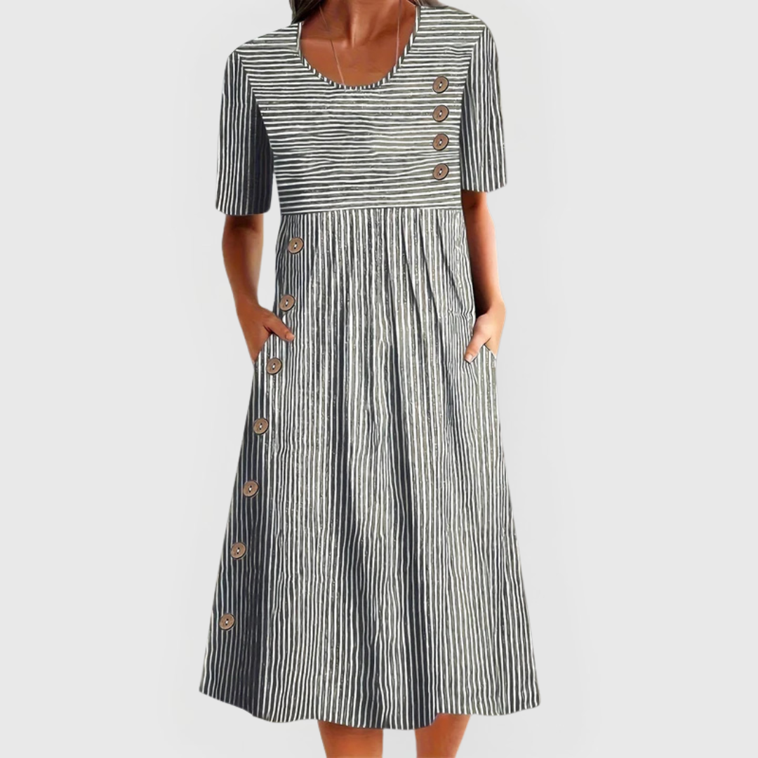 CIELO – VESTIDO MIDI A RAYAS CON BOTONES COSTEROS