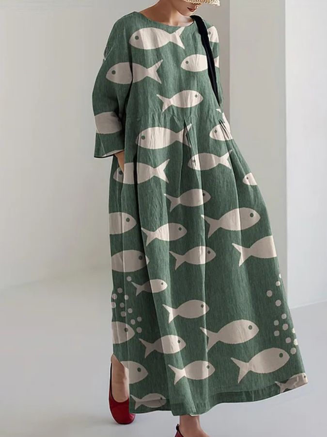 Jolie - Vestido Midi Suelto con Estampado de Peces