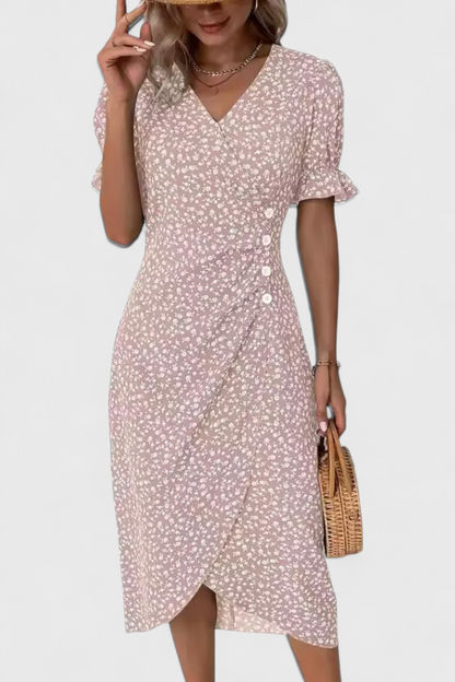 Joana Vestido Midi Floral con Escote en V y Mangas Cortas