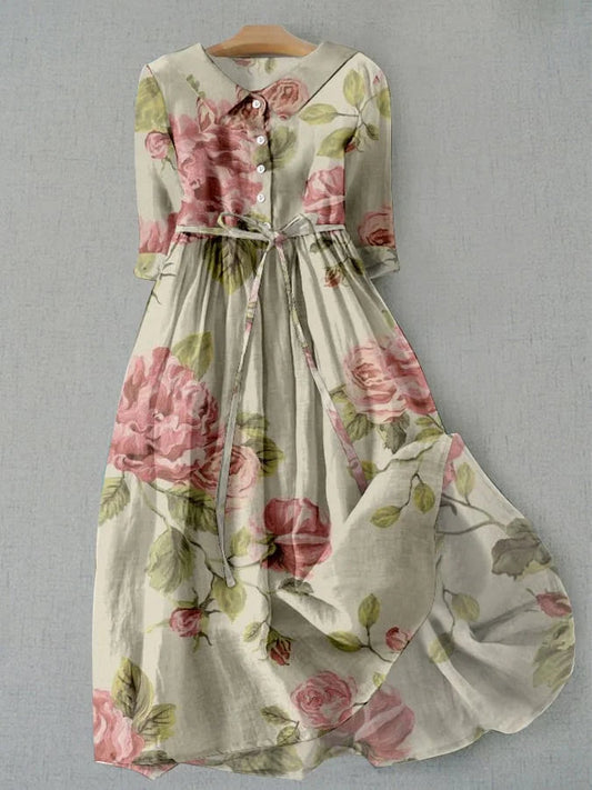 Vestido de Mujeres - Vestido de Verano con Estampado Floral Vintage y Cintura Ajustable