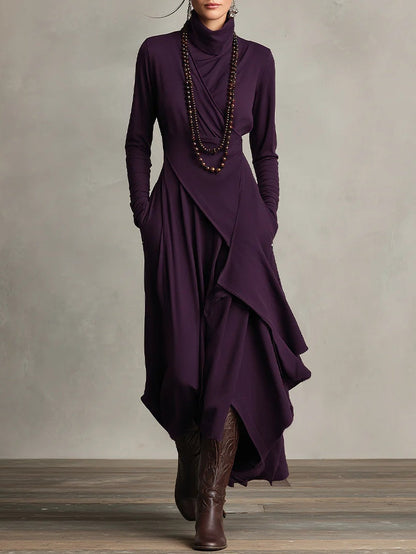 Solmira | Vestido Maxi Plisado Asimétrico con Cuello Alto
