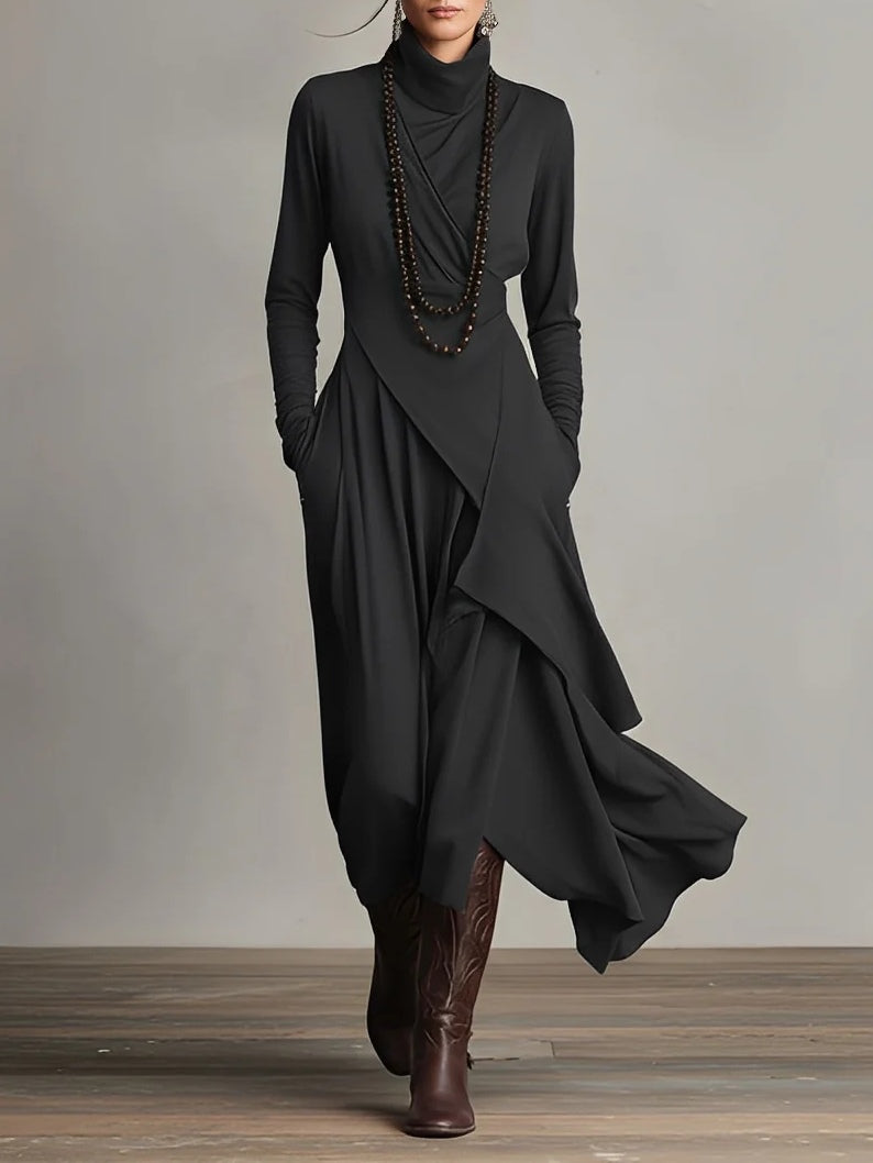 Vestido Maxi Púrpura con Cuello Alto y Drapado Asimétrico