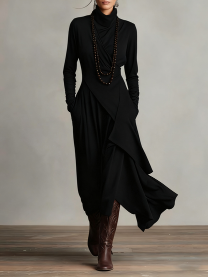 Solmira | Vestido Maxi Plisado Asimétrico con Cuello Alto