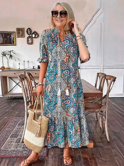 Carolette - Vestido Maxi de Cuello con Cuerda Boho