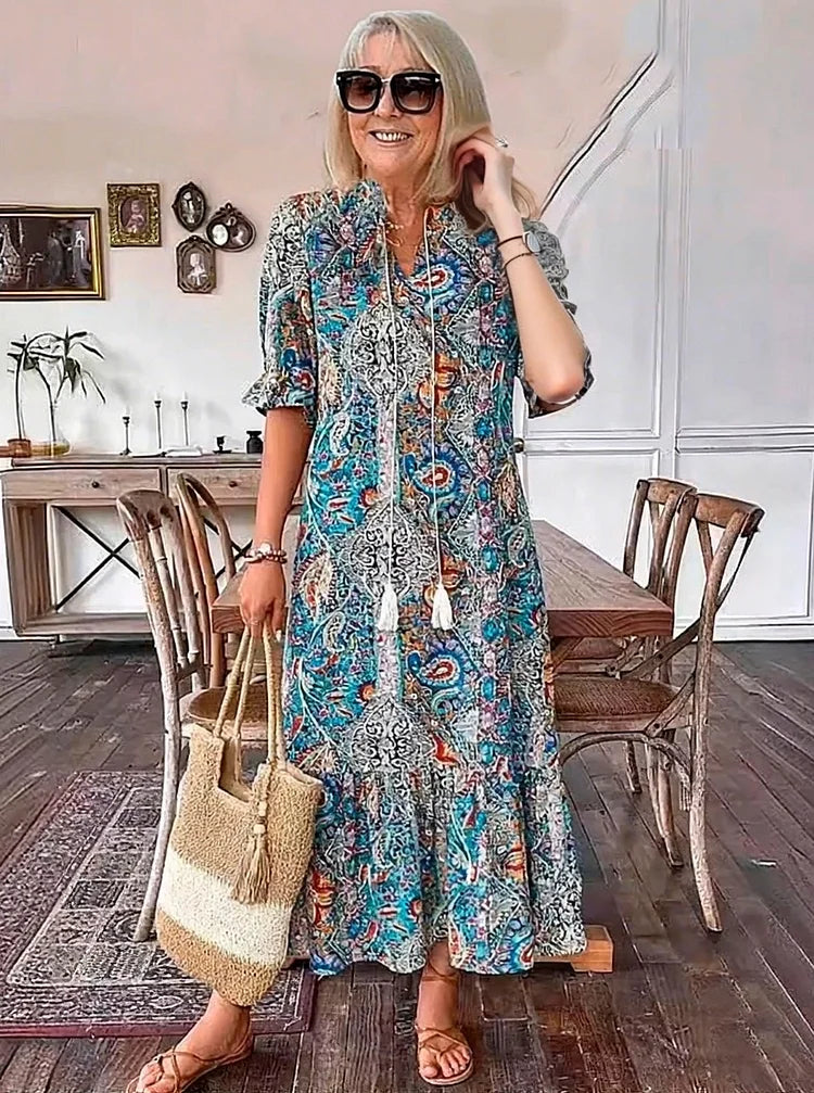 Carolette - Vestido Maxi de Cuello con Cordón Boho