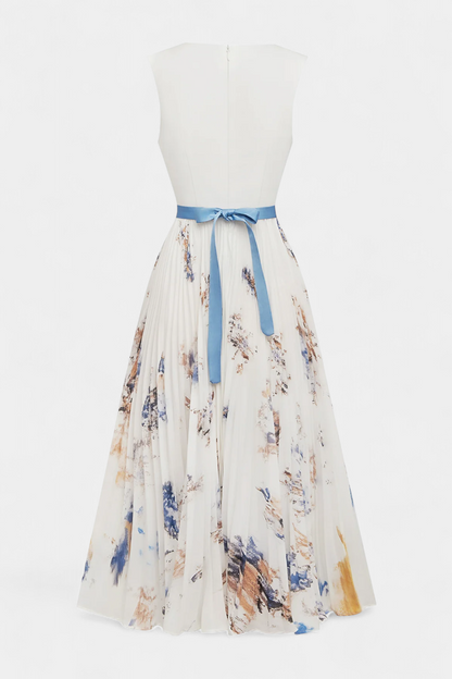 Elise Vestido Midi Sin Mangas con Estampado Floral y Plisado