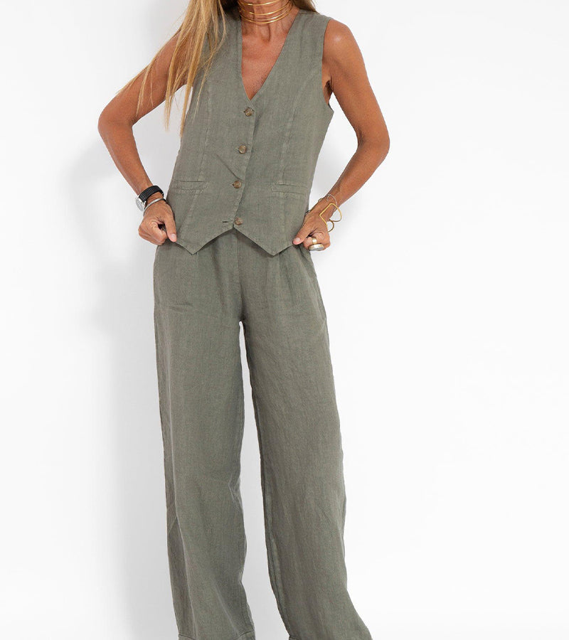 Jessica - Conjunto de Chaleco Abotonado y Pantalones de Pierna Ancha