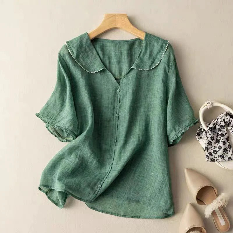 Sotiria - Elegante Blusa de Lino de Manga Corta