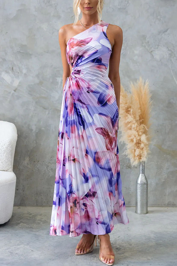Deja - Vestido Maxi Plisado de Un Hombro con Estampado Floral