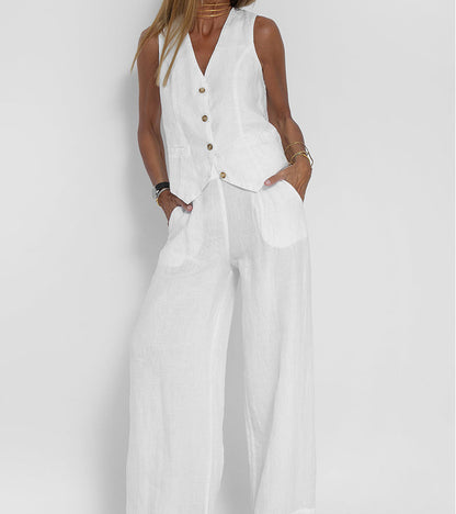 Jessica - Conjunto Chaleco Con Botones & Pantalones De Pierna Ancha