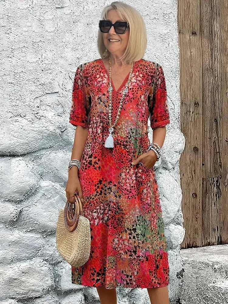Emelith - Vestido de Verano de Encaje de Leopardo con Escote en V