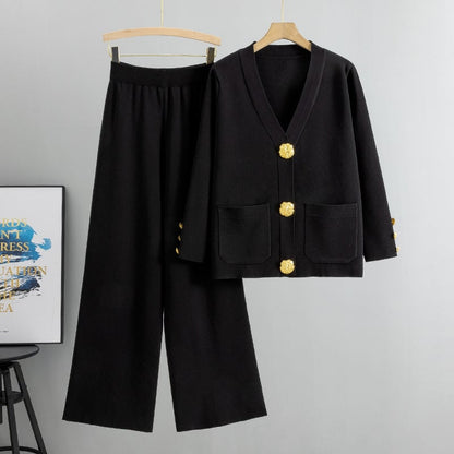AZARIA – CONJUNTO COMPLETO DE PANTALONES DE LANA CON SUÉTER Y BOTONES DE METAL