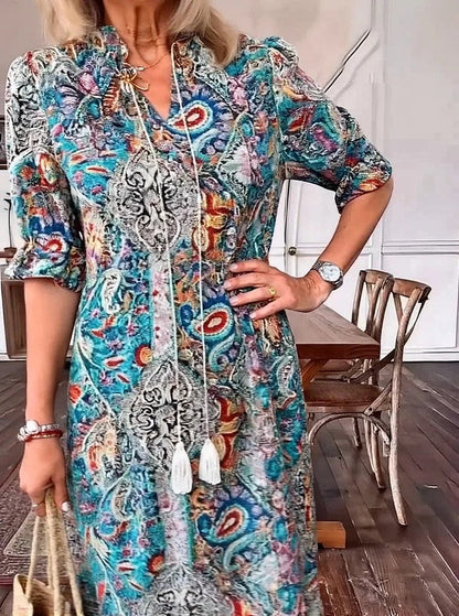 Mevelyn - Vestido Bohemio de Paisley con Borlas y Cinta