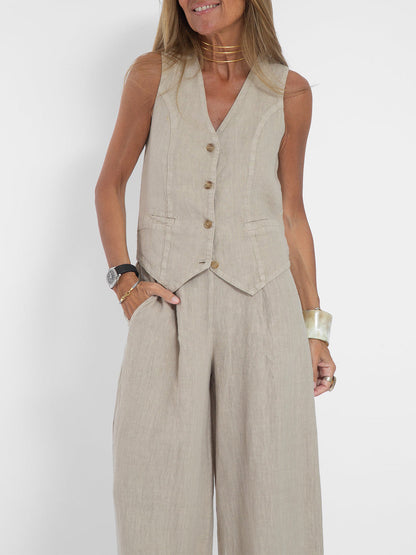 Jessica - Conjunto de Chaleco Abotonado y Pantalones de Pierna Ancha