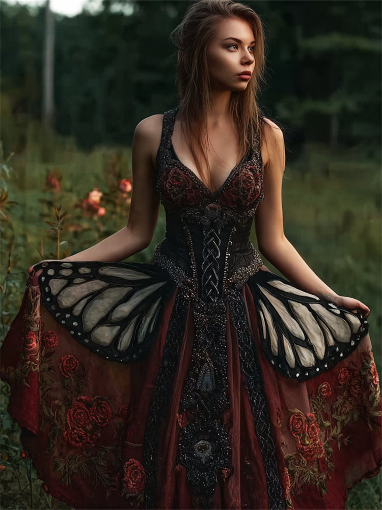 Vestido Flowy de Cintura Ancha con Brillo de Mariposas y Rosas Místicas Vintage