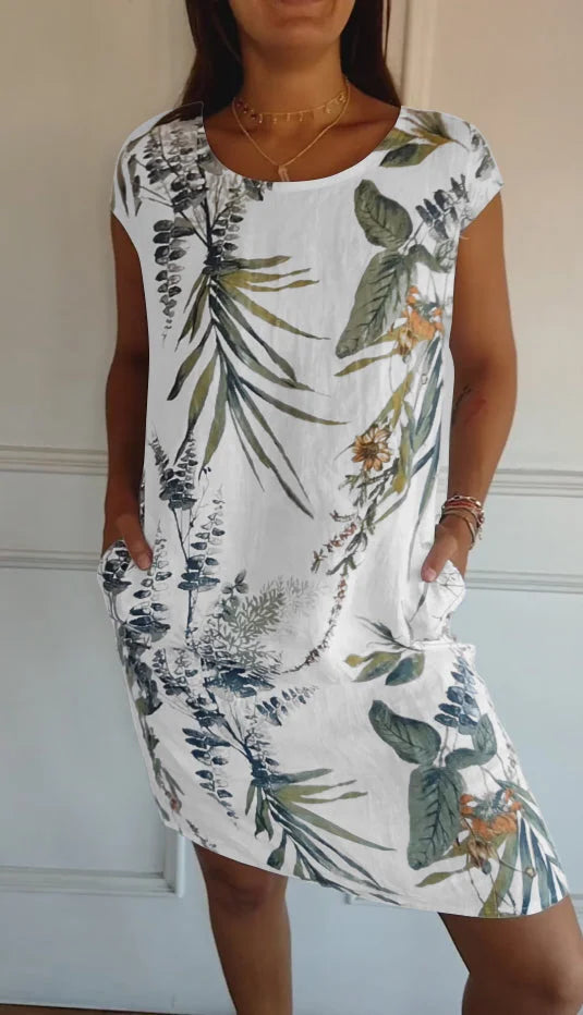 Vestido de verano estampado de algodón y lino para mujeres con bolsillos