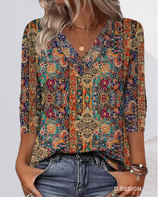 Blusa Retro Impresa con Cuello en V