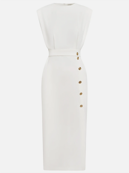 Malene™ | Vestido Midi Sólido con Abertura de Botón y Escote Redondo