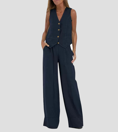 Jessica - Conjunto Chaleco Con Botones & Pantalones De Pierna Ancha