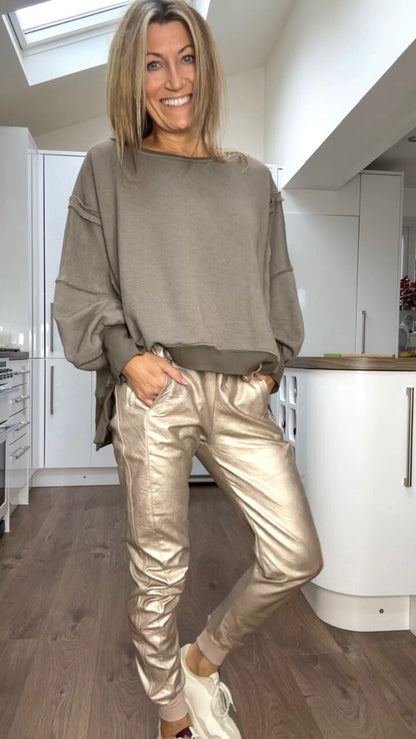 Conjunto Casual de Cuello Redondo para Mujeres + Pantalones de Cuero Sintético