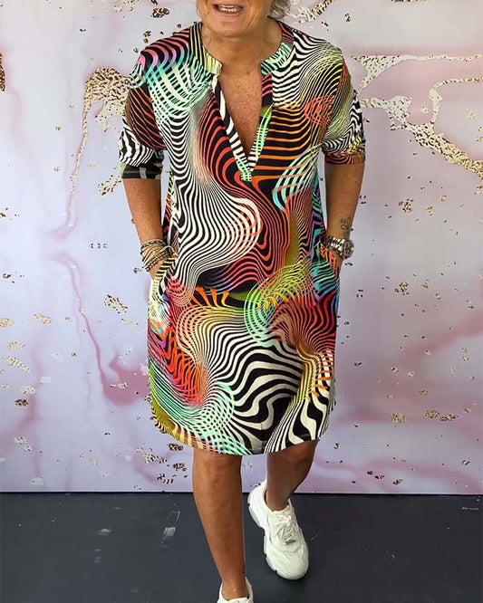 Vestido Midi de Cuello en V Multicolor para Mujeres
