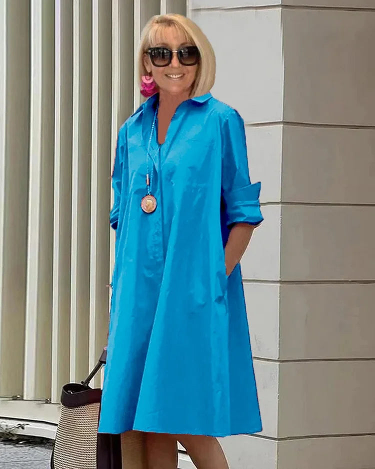 Vireya - Vestido Midi con Cuello de Camisa y Bolsillos
