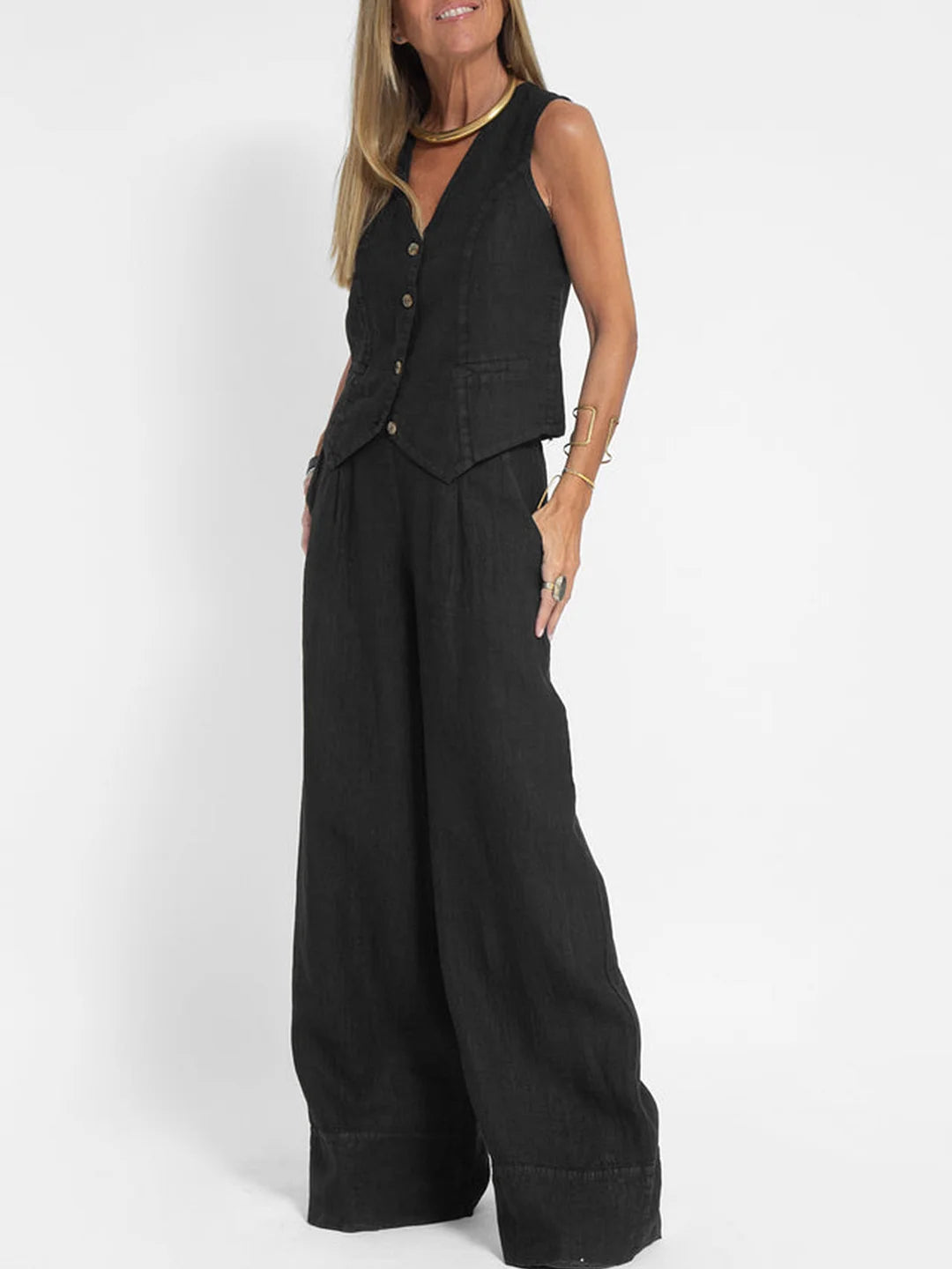Aira - Conjunto de Chaleco Abotonado y Pantalones de Pierna Ancha