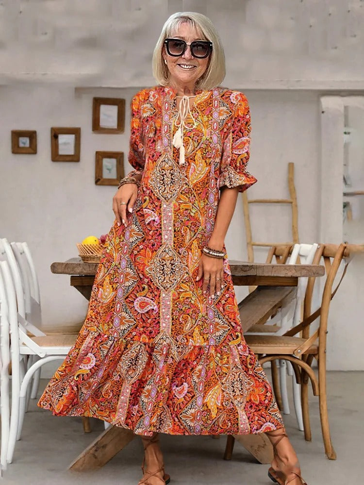 Mevelyn - Vestido Bohemio de Paisley con Borlas y Cinta