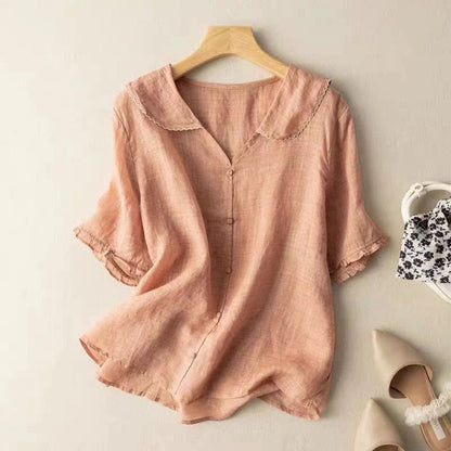 Sotiria - Blusa Elegante de Lino de Manga Corta