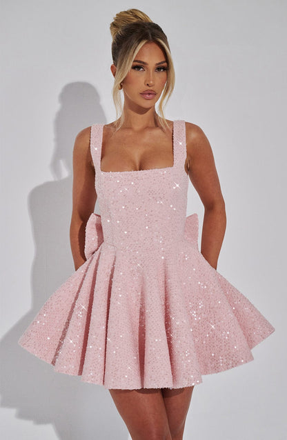 Yara - Vestido Mini Sin Espalda con Lentejuelas y Moño