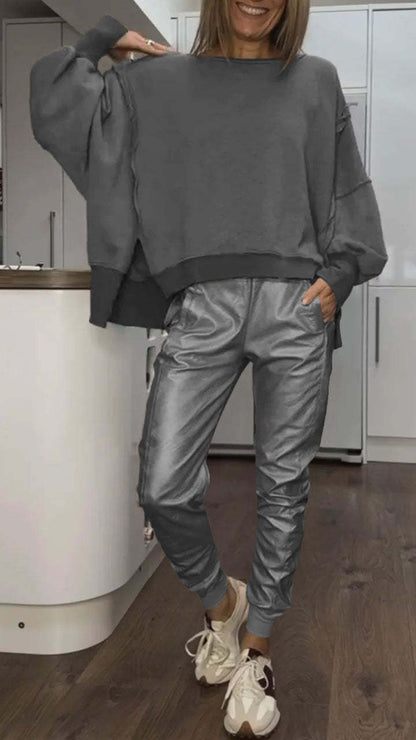 Conjunto Casual de Cuello Redondo para Mujeres + Pantalones de Cuero Sintético