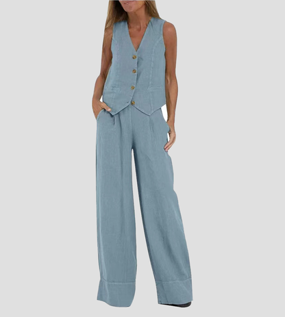 Jessica - Conjunto Chaleco Con Botones & Pantalones De Pierna Ancha