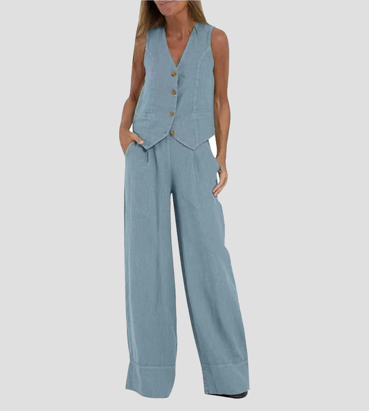 Jessica - Conjunto Chaleco Con Botones & Pantalones De Pierna Ancha
