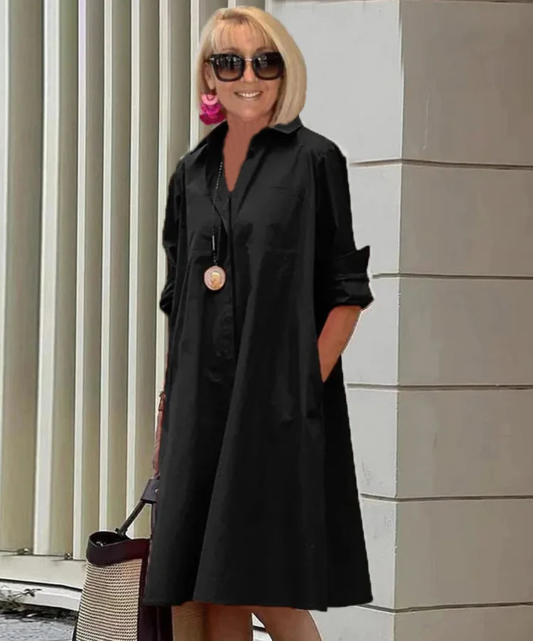 Vireya - Vestido Midi con Cuello de Camisa y Bolsillos