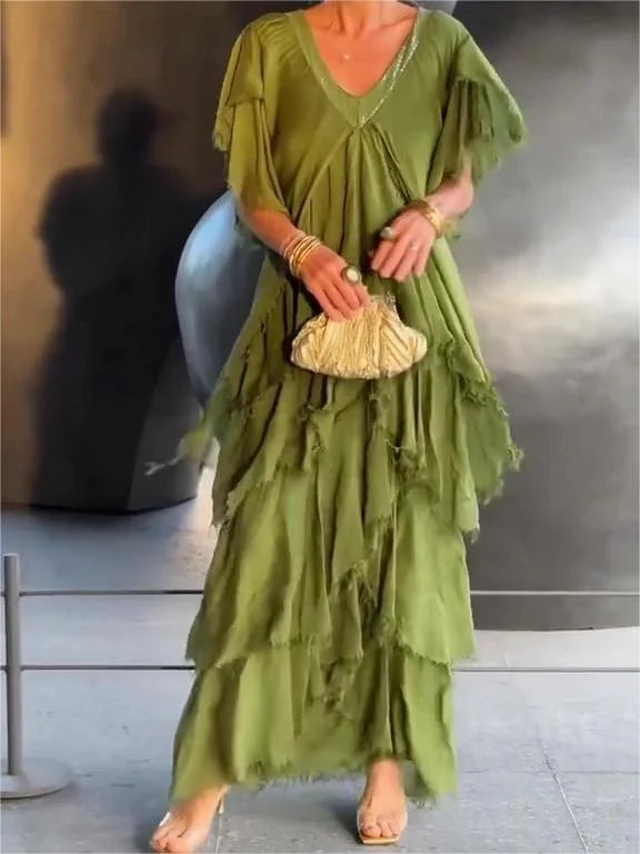 Vestido Maxi Elegante Cuello en V y Mangas Fruncidas