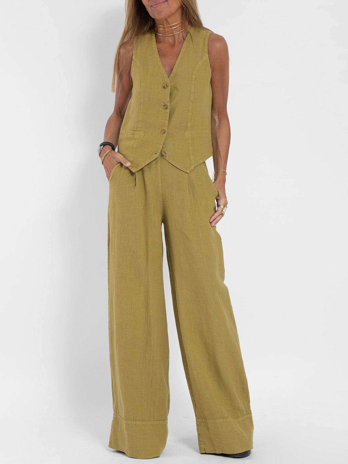 Jessica - Conjunto Chaleco Con Botones & Pantalones De Pierna Ancha