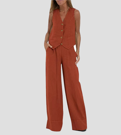 Aira - Conjunto de Chaleco Abotonado y Pantalones de Pierna Ancha