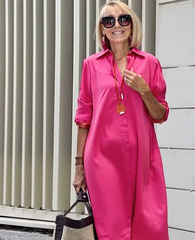 Vireya - Vestido Midi con Cuello de Camisa y Bolsillo