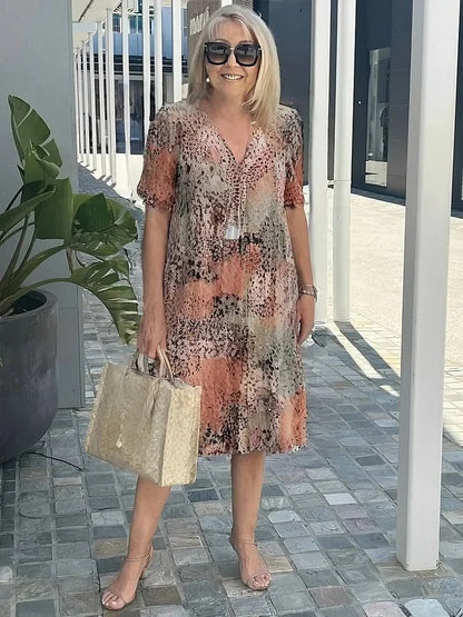 Emelith - Vestido de Verano de Encaje de Leopardo con Escote en V
