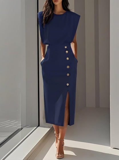Malene™ | Vestido Midi Sólido con Abertura de Botones y Escote Redondo