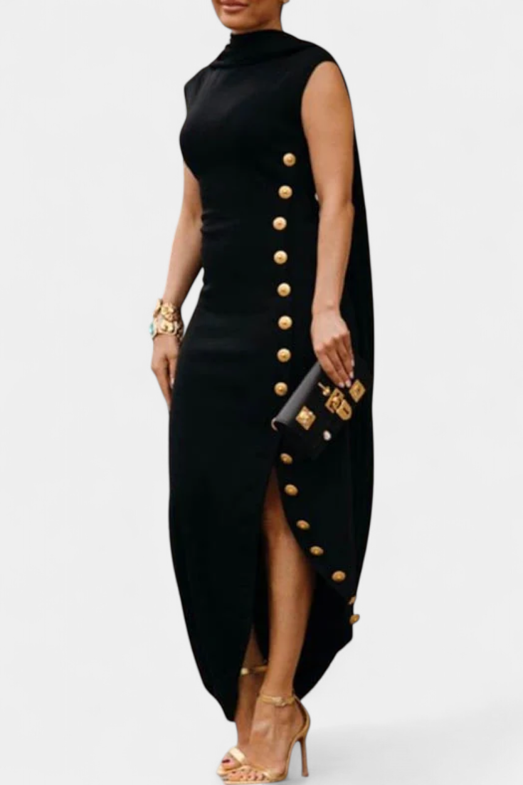 Aphrodite Vestido Asimétrico con Botones Dorados Decorativos