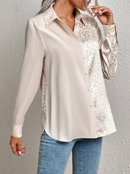 Gwendolyn - Camisa de Botones de Satén Bicolor con Estampado de Leopardo