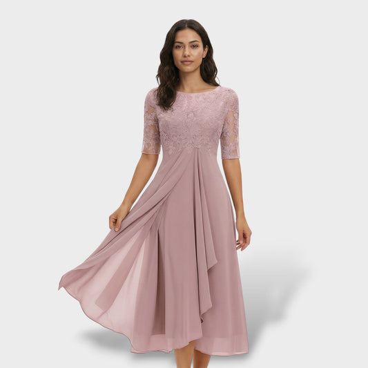 Vestido Fiesta Encaje Y Gasa Midi
