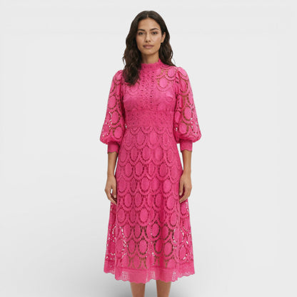 Vestido Midi Encaje Cuello Alto