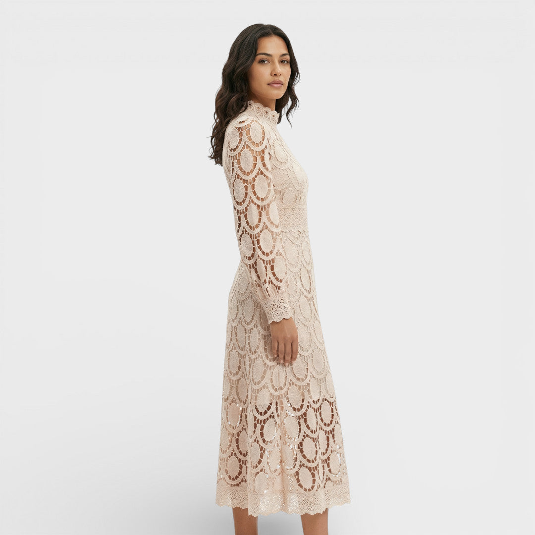 Vestido Midi Encaje Cuello Alto