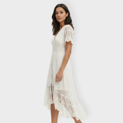 Vestido Blanco Mujer Botones Encaje