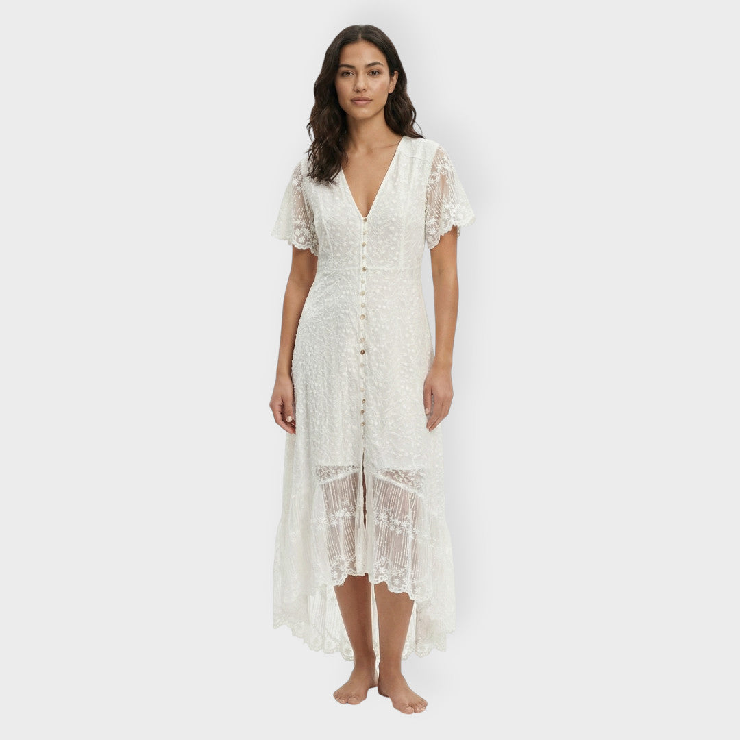 Vestido Blanco Mujer Botones Encaje