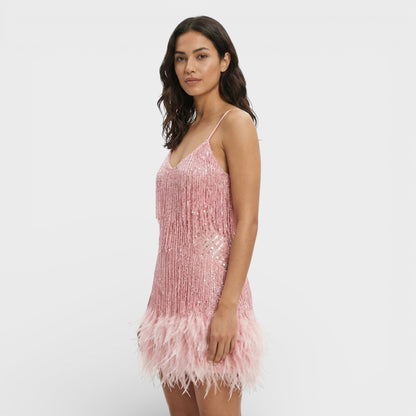 Vestido Mini Con Plumas Glamour