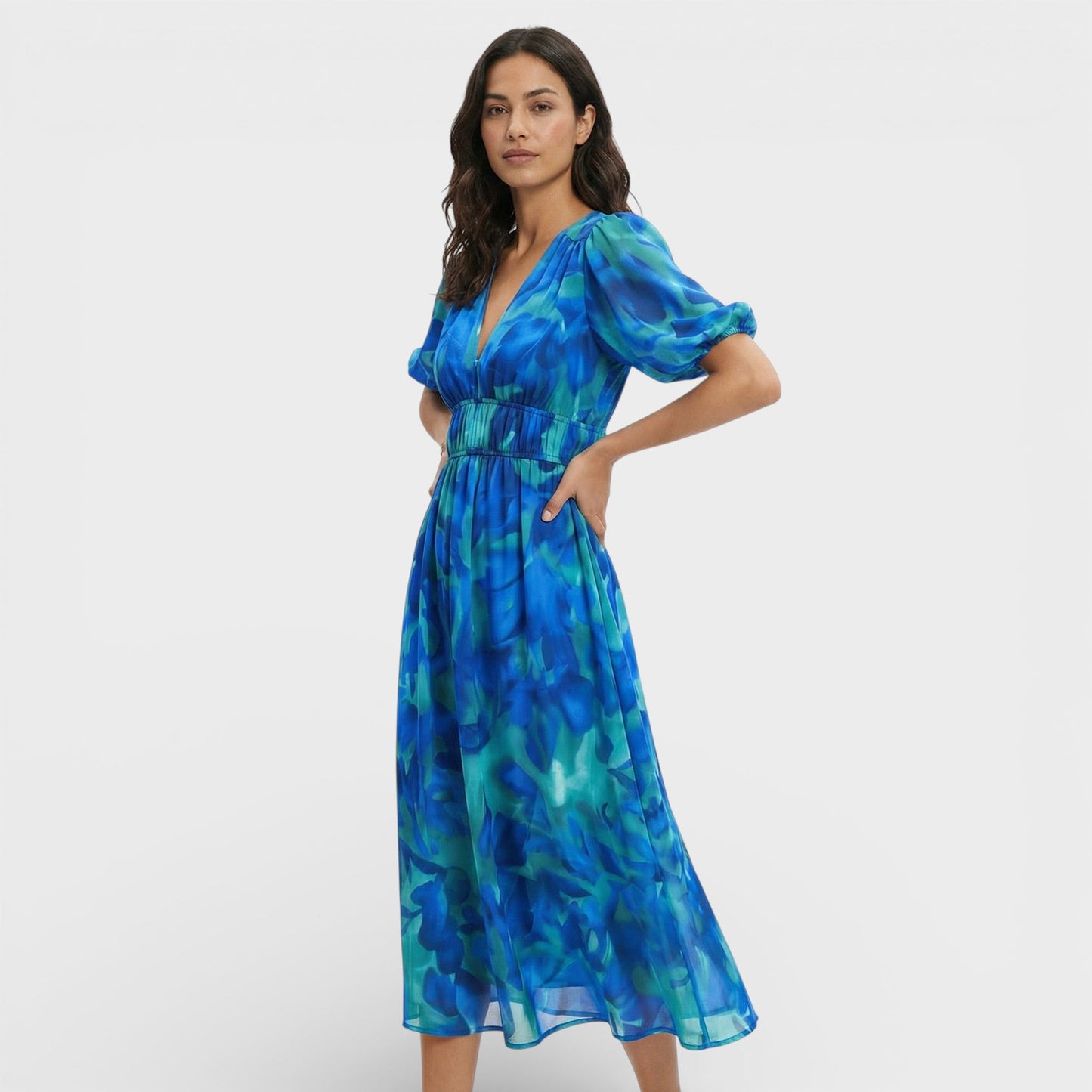 Vestido Midi Floral Mangas Abullonadas